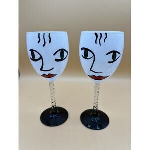 Set Of 2 Hand Painted Wine Glasses White With Green Eyes And Red Lips